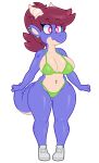  absurd_res acstlu anthro bikini clothing dragon ear_piercing female footwear hi_res horn navel navel_piercing piercing pink_eyes purple_body purple_skin scalie shoes snooty_shores solo swimwear 