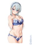  1girl asymmetrical_bangs bangs blue_bra blue_panties blush bra breasts collarbone cowboy_shot ebifurya embarrassed eyebrows_visible_through_hair grey_hair grey_ribbon hair_between_eyes hairband hands_on_own_chest highres kantai_collection long_hair looking_at_viewer navel one-hour_drawing_challenge panties purple_eyes purple_hairband sagiri_(kancolle) silver_hair simple_background small_breasts solo swept_bangs twitter_username underwear underwear_only white_background 