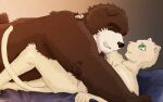  2012 anthro bed brown_body brown_fur brown_nose duo embrace fur furniture green_eyes hug humanoid_hands kemono lying male mammal oaks16 scar slightly_chubby ursid 