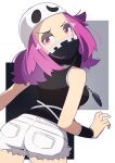  1girl ass bandana bandana_over_mouth hat highres long_hair looking_at_viewer nozumu pink_hair pokemon pokemon_(game) pokemon_sm shorts solo team_skull team_skull_grunt team_skull_uniform 