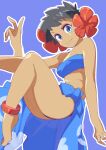  1girl bandeau bare_shoulders barefoot black_hair blue_eyes blue_sarong breasts closed_mouth dark-skinned_female dark_skin flower hair_flower hair_ornament highres jewelry looking_at_viewer nozumu phoebe_(pokemon) pokemon pokemon_(game) pokemon_rse print_sarong sarong short_hair simple_background smile solo strapless 