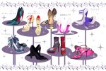  archer_(fate) arjuna_(fate) asymmetrical_footwear black_footwear blue_footwear commentary edmond_dantes_(fate) fate/grand_order fate_(series) gilgamesh_(fate) hans_christian_andersen_(fate) high_heels highres karna_(fate) kotomine_kirei mismatched_footwear multicolored_footwear neit_(kou4ntyou) no_humans objectification ozymandias_(fate) pink_footwear sesshouin_kiara sparkle star_(symbol) stiletto_heels strappy_heels translated white_background white_footwear 