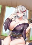  1girl absurdres bangs bare_shoulders blush breasts cleavage closed_mouth collarbone eyebrows_visible_through_hair grey_hair hair_ornament hairclip hand_in_hair highres holding holding_tray j_yak47 japanese_clothes kimono klone_(j.roswel) large_breasts long_hair looking_at_viewer multicolored_hair on_floor original red_eyes seiza silver_hair simple_background sitting solo tray 