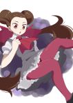  1girl brown_hair dress grey_dress hair_pulled_back hair_ribbon highres long_hair nozumu open_mouth pantyhose pink_legwear pokemon pokemon_(game) pokemon_rse red_eyes ribbon roxanne_(pokemon) short_sleeves skirt solo twintails 