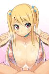  1boy 1girl absurdres age_difference bangs bikini blonde_hair blush breasts brown_eyes collarbone commentary_request cum cum_on_body cum_on_breasts fairy_tail gradient gradient_background hair_ornament heart heart-shaped_pupils hetero highres huge_breasts jewelry long_hair lucy_heartfilia necklace onee-shota paizuri paizuri_under_clothes pink_background red_bikini sakidesu00 smile sweat swept_bangs swimsuit symbol-shaped_pupils twintails white_background 