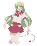  1girl babyls_school_uniform bow curled_horns demon_tail green_eyes green_hair hakuhatsu highres horns long_hair looking_at_viewer mairimashita!_iruma-kun open_mouth pink_skirt pocket pointy_ears red_bow sailor_collar school_uniform sharp_teeth short_sleeves simple_background skirt smile standing tail teeth valac_clara white_background 