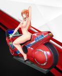  1girl arcade_cabinet arm_behind_head arm_up armpits ass bangs breasts brown_eyes commission eyebrows_visible_through_hair feet full_body ground_vehicle handlebar hang-on highres jewelry kerana_art large_breasts long_hair looking_at_viewer looking_back midriff motor_vehicle motorcycle navel necklace nipples nude on_motorcycle orange_hair sega shenmue shenmue_ii shenmue_the_animation sitting solo 