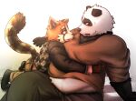  2013 ailurid anthro belly big_belly black_body black_nose bottomwear clothing duo giant_panda kemono male mammal oaks16 overweight overweight_male pants red_panda shirt sitting topwear ursid white_body 