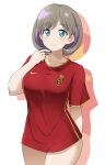  1girl barkhorn0331 blue_eyes china cowboy_shot eyebrows_visible_through_hair grey_hair highres looking_at_viewer love_live! love_live!_superstar!! nike no_pants soccer_uniform sportswear tang_keke 