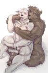  2014 anthro balls blush bodily_fluids canid canine cum duo genital_fluids genitals humanoid_hands kemono male male/male mammal musclegut oaks16 penis sitting ursid 