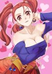  1girl absurdres bare_shoulders breasts brown_eyes brown_hair cleavage dragon_quest dragon_quest_viii dress earrings highres jessica_albert jewelry long_hair looking_at_viewer nozumu open_mouth purple_shirt shirt solo twintails 