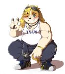  absurd_res anthro belly biceps blush canid canine canis chobab_789 clothing crouching domestic_dog floppy_ears gesture grin hi_res hisaki_(live-a-hero) jewelry lifewonders live-a-hero male mammal musclegut necklace one_eye_closed shirt smile solo tank_top topwear v_sign video_games wink 