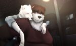  2012 anthro belly big_belly black_nose brown_body brown_fur canid canine clothing duo embrace eyes_closed fur hi_res hug hugging_from_behind humanoid_hands kemono male mammal night oaks16 outside overweight overweight_male shirt topwear ursid 
