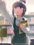  1girl black_dress blush book commentary dark_blue_hair dress eyebrows_visible_through_hair hair_bun highres holding holding_book long_hair long_sleeves minawa open_mouth purple_eyes shima_rin shirt solo white_shirt yurucamp 