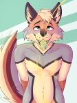  absurd_res anthro beepsweets bodily_fluids canid canine canis coyote digital_media_(artwork) fur genital_fluids hair hi_res looking_at_viewer male mammal nude open_mouth peeing simple_background smile solo tongue urine urine_stream watersports 