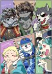  agyou anthro asian_mythology blonde_hair blowing_kiss blush brown_hair catoblepas_(tas) east_asian_mythology eyewear foo_dog garmr glasses group hair hi_res human japanese_mythology komainu kusarikakemono lifewonders male mammal muscular muscular_anthro muscular_male mythology oguchi_magami_(tas) overweight tokyo_afterschool_summoners video_games volkv_vseslav yōkai 