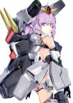  1girl black_gloves closed_mouth drill_hair gloves gundam gundam_00 gundam_seravee highres i.takashi looking_at_viewer mecha_musume personification purple_eyes purple_hair solo twin_drills white_background 