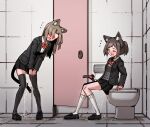  2girls animal_ear_fluff animal_ears bathroom black_footwear black_jacket black_legwear black_skirt blush bow bowtie breasts brown_hair buttons cat_ears cat_girl cat_tail choco_(rune_(pixiv_25170019)) collared_shirt commentary door embarrassed faceless faceless_female flying_sweatdrops from_side full_body green_eyes grey_vest hair_intakes highres indoors jacket kneehighs knees_together_feet_apart leaning_back leaning_forward long_hair long_sleeves medium_breasts miniskirt multiple_girls natali_(rune_(pixiv_25170019)) nose_blush one_eye_closed open_clothes open_jacket open_mouth original own_hands_together pee peeing peeing_self pigeon-toed pleated_skirt pocket ponytail puddle red_bow red_bowtie rune_(pixiv_25170019) school_uniform shiny shiny_hair shirt shoes short_hair sidelocks sitting skindentation skirt skirt_tug small_breasts standing sweat tail tail_bow tail_ornament tears thighhighs tile_floor tile_wall tiles toilet toilet_paper toilet_stall trembling v_arms vest wet wet_clothes white_legwear white_shirt wince 