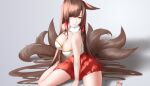  1girl absurdres akagi_(azur_lane) animal_ears arm_behind_back azur_lane bangs barefoot breasts brown_hair cleavage closed_mouth eyebrows_visible_through_hair fox_ears fox_tail hair_ornament hairclip hand_on_floor highres ichikushi_mojibake large_breasts lips long_hair looking_at_viewer on_floor red_eyes red_skirt shirt simple_background skirt solo tail white_shirt 