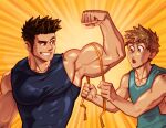  2boys abs armpits bara biceps brown_eyes brown_hair commission flexing highres large_pectorals long_sideburns male_focus manly mondoart1 multiple_boys muscular muscular_male nipples original pectorals pose red_eyes sideburns smile smug spiked_hair surprised tank_top tape_measure thick_arms thick_eyebrows tight 