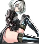  absurdres black_dress black_hairband blue_eyes boots cleavage_cutout clothing_cutout dress feather-trimmed_sleeves gloves hairband highres juliet_sleeves kaoru1307 leather leather_boots long_sleeves mole mole_under_mouth nier_(series) nier_automata no_blindfold puffy_sleeves silver_hair thighhighs thighhighs_under_boots vambraces white_hair yorha_no._2_type_b 