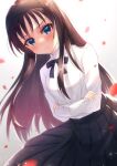  1girl black_hair black_hairband black_ribbon black_skirt blue_eyes blush buttons closed_mouth commentary crossed_arms eyebrows_visible_through_hair hairband highres itsuka_neru long_hair long_sleeves looking_at_viewer neck_ribbon petals ribbon shirt skirt solo tohno_akiha tsukihime tsukihime_(remake) white_background white_shirt 