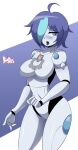  android bigdead93 blue_eyes blush breasts emblem female female/female fist gradient_background hair hair_over_eye hi_res horny_(disambiguation) machine multicolored_hair one_eye_obstructed open_mouth purple_hair robot short_hair simple_background solo tongue two_tone_hair 