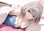  1girl absurdres bangs bed bed_sheet blurry blurry_background blush braid breasts cleavage commentary_request crossed_bangs curtains flower_pot green_eyes hair_between_eyes highres hololive large_breasts looking_at_viewer medium_breasts mole mole_on_breast niii_(memstapak) on_bed open_mouth pillow shirogane_noel short_hair silver_hair smile solo virtual_youtuber window 