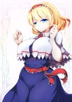  1girl alice_margatroid blonde_hair blue_dress blue_eyes bow breasts capelet closed_mouth cowboy_shot dollyspica dress hairband highres large_breasts lolita_hairband looking_at_viewer red_hairband short_hair smile solo standing touhou white_background white_capelet 