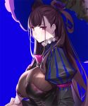  1girl bangs black_hair blue_background breasts collar double_bun fate/grand_order fate_(series) frilled_collar frills from_side juliet_sleeves large_breasts long_hair long_sleeves looking_at_viewer murasaki_shikibu_(fate) pop_kyun puffy_sleeves purple_eyes simple_background solo umbrella upper_body 