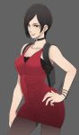  1girl ada_wong armlet bare_shoulders black_hair bracelet brown_eyes butcha-u choker closed_mouth cowboy_shot dress gun hand_on_hip handgun highres holster jewelry lipstick looking_at_viewer makeup red_dress red_lips red_lipstick resident_evil resident_evil_2 short_hair simple_background smile solo standing undershirt weapon 