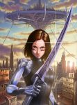  1girl alita:_battle_angel alita_(alita:_battle_angel) brown_eyes brown_hair building city cloud commentary_request cyborg facial_mark floating_city gally gunnm kishiro_yukito lens_flare lips shiny skyscraper solo sun sunset sword upper_body weapon 