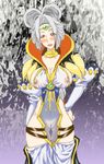  1girl big_breasts blush breasts choker chrono_(series) chrono_cross circlet cleavage cleft_of_venus detached_sleeves erect_nipples female hand_on_hip hands_on_hips head_tilt hips hyde_onsenguma large_breasts lips lipstick long_hair long_image looking_at_viewer makeup mound_of_venus nipples orange_eyes pussy see-through see_through sideboob silver_hair smile solo standing steena tall_image thigh_gap thighhighs thighs tiara uncensored wide_hips 