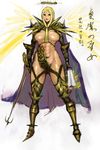  1girl armor blonde_hair breasts full_body futanari halo muscle muscular penis_armor pierced_nipples sainticon solo sword weapon wings 