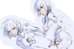  1boy anal arm_grab ayanami_rei ball breasts breasts_outside censored clothed_sex femdom futa_on_male futa_with_male futanari guided_penetration inochi_wazuka leg_grab looking_at_viewer monochrome nagisa_kaworu neon_genesis_evangelion nipples open_mouth pegging penis plugsuit sex short_hair tongue tongue_out 