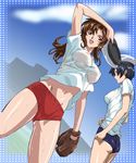  2girls alpa bloomers breasts buruma censored gundam gundam_seed gym_uniform highres long_hair lux midriff multiple_girls murrue_ramius natarle_badgiruel see-through short_hair sport sports sweat underwear wet 