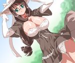  alpa areola areola_slip areolae breasts brown_hair censored character_request dress female glasses green_eyes hat highres large_breasts long_hair lux nature nipple_slip nipples outdoors panties pantyshot sky solo uchuu_no_stellvia underwear white_panties wind 