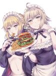  2girls ahoge apron armor artoria_pendragon_(fate) bikini blonde_hair blush breasts eating fate/grand_order fate/stay_night fate_(series) food highres holding holding_food holding_plate jacket jeanne_d&#039;arc_alter_(fate) looking_at_viewer maid maid_apron maid_bikini maid_headdress multiple_girls open_clothes open_mouth plate plate_armor saber_alter short_hair silver_hair smile swimsuit takitarou yellow_eyes 