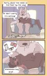  bed bedroom blush briefs canid canine canis clothed clothing comic dialogue domestic_dog footwear furniture grapeschitz hi_res humor male male/male mammal messy messy_room nipples petting socks topless underwear 