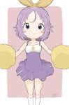  1girl absurdres bangs bare_shoulders blush_stickers breasts brown_ribbon cheerleader cleavage collarbone commentary_request dress eyebrows_visible_through_hair forehead hair_ribbon highres hiiragi_tsukasa kneehighs lucky_star parted_bangs pink_background pleated_dress pom_pom_(cheerleading) purple_dress purple_eyes purple_hair ribbon rururu_(pyrk8855) signature sleeveless sleeveless_dress small_breasts solo two-tone_background white_background white_legwear 