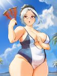  1girl absurdres arm_up blue_sky blush breasts cameltoe cloud cloudy_sky collarbone covered_navel dot_nose glasses grey_hair hair_bun highres l30n10 large_breasts last_origin light_rays looking_at_viewer maid_headdress medium_hair one-piece_swimsuit open_mouth outdoors palm_tree plump prototype_labiata red_eyes semi-rimless_eyewear sky solo sunbeam sunlight sweat swimsuit tareme thick_arms thick_thighs thighs tree under-rim_eyewear 