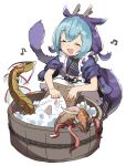  1girl absurdres apron blue_hair closed_eyes dragon_girl dragon_tail dress duel_monster frilled_apron frills gazacy_(dai) half_note highres laundry_dragonmaid musical_note open_mouth paleozoic_canadia paleozoic_pikaia purple_hair simple_background sleeves_rolled_up smile soap_bubbles tail washboard washing washtub white_background yu-gi-oh! 