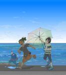  2boys :d antenna_hair black_hair black_shirt capri_pants clenched_hand closed_eyes cloud commentary_request dark-skinned_male dark_skin day elio_(pokemon) green_hair hau_(pokemon) highres holding holding_umbrella male_focus marutahakai multiple_boys open_mouth orange_footwear orange_shorts outdoors pants pokemon pokemon_(creature) pokemon_(game) pokemon_sm popplio running shirt shoes short_hair shorts sky smile standing striped striped_shirt t-shirt umbrella water 