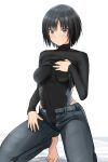  1girl amagami barefoot black_eyes black_hair black_sweater black_swimsuit clothes_lift commentary_request denim full_body grey_pants highres jeans kneeling lifted_by_self looking_at_viewer nanasaki_ai pants short_hair simple_background solo sweater sweater_lift swimsuit swimsuit_under_clothes turtleneck white_background ykh1028 
