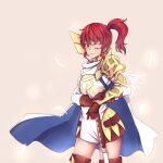  1girl airdoor anna_(fire_emblem) armor bangs belt blue_cape boots cape coat dress feathers fire_emblem fire_emblem_heroes gloves highres leather leather_gloves one_eye_closed pauldrons red_hair shoulder_armor side_ponytail sidelocks solo thigh_boots thighhighs two-tone_cape white_coat white_feathers yellow_eyes zettai_ryouiki 