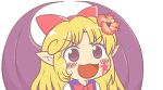  1girl bangs bat_wings black_vest blonde_hair blush bow bowtie chibi commentary_request dot_nose elis_(touhou) face facial_mark gyate_gyate hair_bow ikiyouz long_hair meme open_mouth pointy_ears purple_eyes purple_wings red_bow red_bowtie shirt touhou touhou_(pc-98) transparent_background v-shaped_eyebrows very_long_hair vest white_shirt wings 