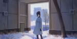  1girl absurdres black_eyes black_gloves black_hair black_legwear buttons closed_mouth coat commentary expressionless gloves highres kuonji_alice long_sleeves looking_at_viewer mahou_tsukai_no_yoru mwwww pantyhose short_hair snow solo trash_can tree white_coat winter winter_clothes 