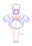  1girl :d absurdres angel angel_wings animal_ear_fluff animal_ears bangs bell beret blush braid breasts cat_ears cat_girl cat_tail cleavage commentary_request detached_sleeves dress eyebrows_visible_through_hair feathered_wings frilled_sleeves frills full_body hair_bell hair_between_eyes hair_ornament halo hat highres jingle_bell liang_feng_qui_ye long_hair long_sleeves looking_at_viewer medium_breasts multicolored_hair original pink_hair pleated_dress purple_eyes purple_footwear purple_headwear purple_sleeves shoes silver_hair simple_background sleeveless sleeveless_dress sleeves_past_wrists smile solo standing streaked_hair tail thighhighs very_long_hair white_background white_dress white_legwear white_wings wings 