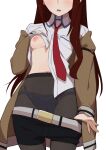  1girl black_legwear blush breast_pocket breasts brown_coat clothes_lift clothes_pull coat collared_shirt cowboy_shot head_out_of_frame highres lifted_by_self long_hair long_sleeves makise_kurisu morisobo navel necktie nipples official_art one_breast_out open_mouth panties panties_under_pantyhose pantyhose pocket red_eyes red_necktie red_shorts shirt shirt_lift shorts shorts_pull simple_background small_breasts solo steins;gate sweat underwear white_background white_shirt 