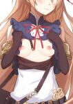  1girl arisa_(shadowverse) bangs belt blouse blush breasts breasts_apart breasts_out brown_gloves closed_mouth clothes_lift clothes_pull dress dress_pull elbow_gloves frown gloves high_collar highres lifted_by_self lips long_hair morisobo neck_ribbon nipples orange_hair red_ribbon_army ribbon shadowverse shirt_lift simple_background sleeveless_blouse small_breasts solo upper_body utility_belt white_background white_dress 